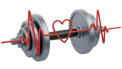 Fitness dumbbell with heartbeat line and heart shape isolated on transparent background