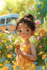 Young girl enjoying ice cream in a vibrant flower field with a vintage van in the background