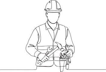 Professional Handyman, Construction Worker, or Builder with Work Tools and Safety Gear in a Continuous Line Art Style, representing Repair and Maintenance Services