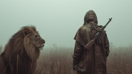 A man with a rifle and a lion stand together in a foggy field. Post-apocalyptic survival concept with an unlikely human and animal alliance. Moody cinematic scene with copy space