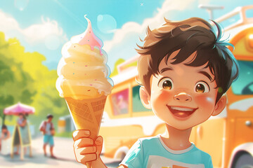 Happy child enjoying ice cream cone on a sunny day at a vibrant outdoor festival