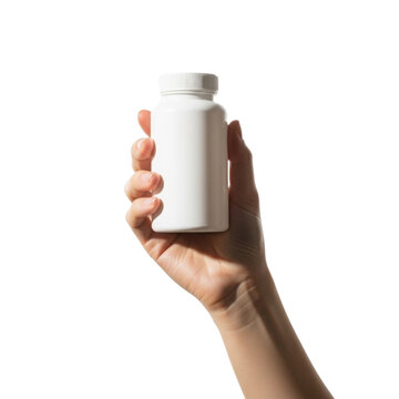 Hand Holding White Bottle of Pills or Supplements