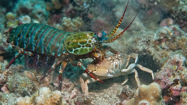 Mantis shrimp capturing a crab in a powerful underwater strike, creating a cloud of debris within the vibrant ecosystem of a tropical coral reef habitat, showcasing marine life survival
