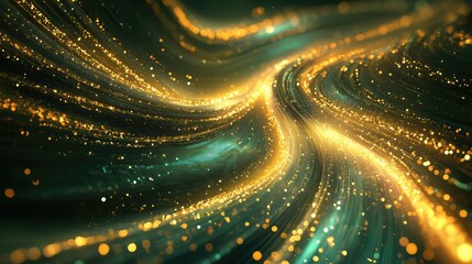 Golden particles creating shimmering light trails and curved lines, depicting a dynamic flow of energy, technology, and communication on a dark background