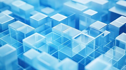 Abstract background presenting a complex grid of transparent blue cubes and blocks, visualizing data flow, connectivity, and technology concepts in a futuristic system