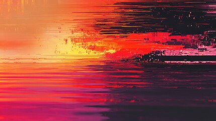 Abstract artwork featuring vibrant pixel sorting and glitch art effects, creating a dynamic, distorted digital landscape with warm sunset colors reflecting across a horizontal plane