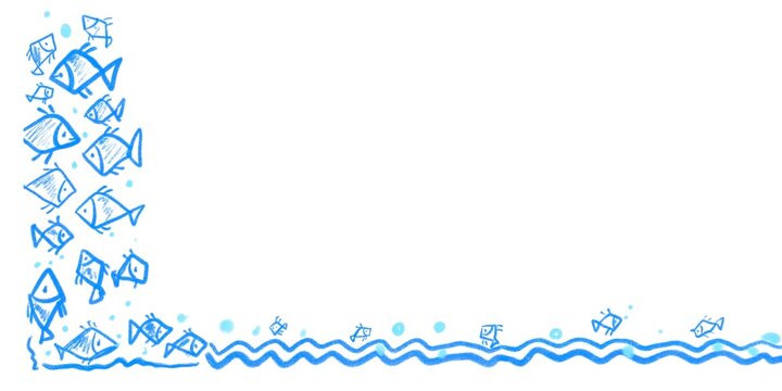 Hand drawn blue fish doodle border illustration with waves and bubbles. Cute marine life sketch background, playful ocean design, minimal watercolor style, ideal for kids, summer, sea themes.