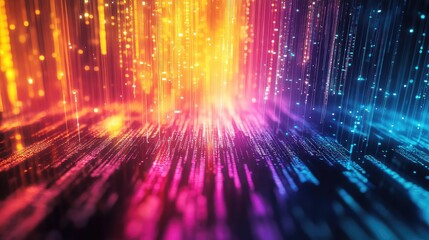 Fototapeta premium Digital data streams surge across a vibrant technology network, glowing particles and fiber optic lines visualize fast, dynamic information flow, global connectivity and futuristic transfer