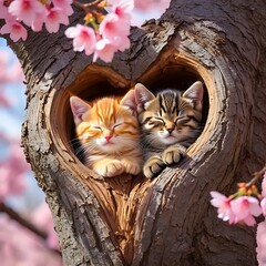 Two adorable kittens snuggled in a heart shaped tree