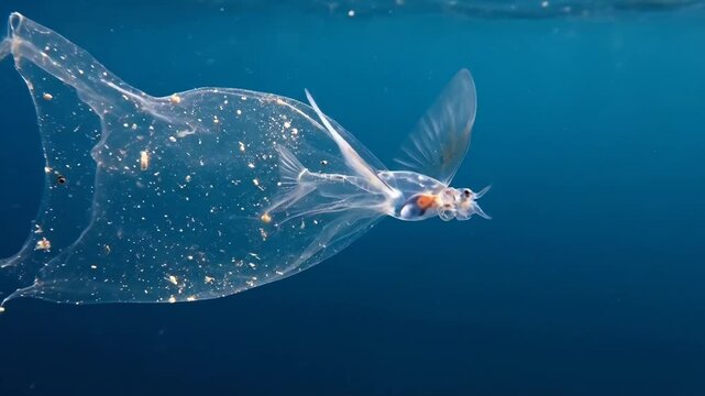 Larval blanket octopus displaying its long, translucent webbed arm while peacefully moving through the open ocean, showcasing unique marine life in its natural underwater habitat