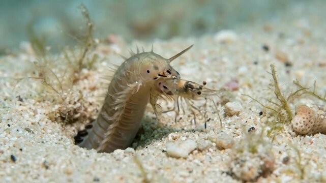 Bobbit worm emerging from its burrow, grasping a small shrimp with its powerful jaws, demonstrating a swift ambush predator attack in the shallow sandy marine environment
