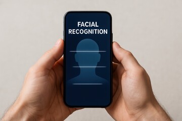 zero trust security architecture concept. Mobile phone displaying facial recognition technology interface.