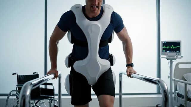 Man walks with exoskeleton on parallel bars in rehabilitation clinic. Patient uses robotic exoskeleton for walking therapy. Man practices with exoskeleton support. Rehabilitation with walking device.