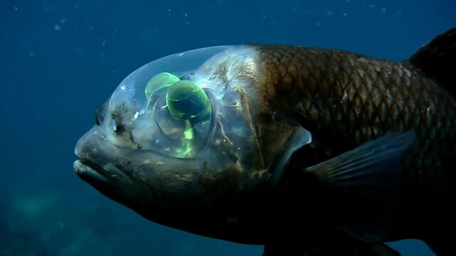 Barreleye fish macropinna microstoma swimming in deep ocean waters, featuring its distinctive transparent head and upward-pointing tubular eyes adapted for sensing faint light in its dark habitat