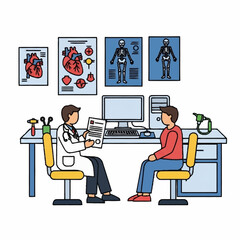 Doctor consulting patient in medical office with anatomical charts.