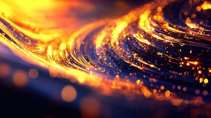 Abstract golden light streams and luminous particles swirl on a dark background, representing digital data flow, energy movement, and technological connections in a futuristic design
