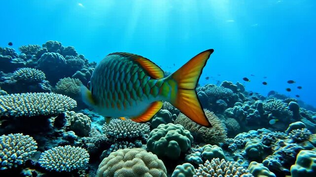 Close-up view capturing the intricate texture and shimmering iridescence of fish scales, creating a vibrant pattern with shades of blue, green, and orange