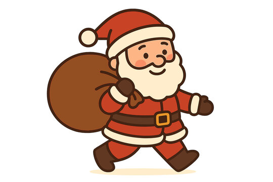 Santa Claus is depicted in a cartoon style, carrying a bag of gifts against a white background