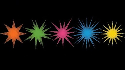 Five colorful abstract starburst shapes in a row on black background