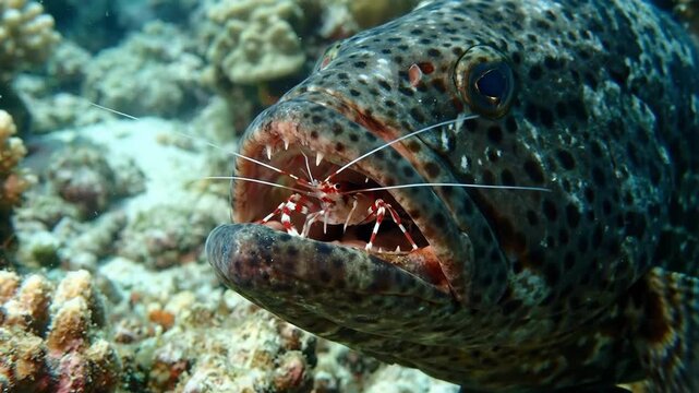 Grouper fish opening its mouth wide, allowing a banded cleaner shrimp to meticulously remove parasites and food particles at an underwater cleaning station on a coral reef