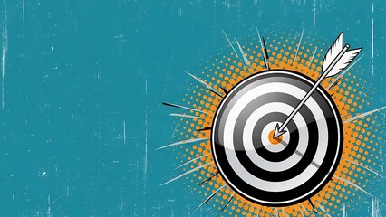 Target with arrow hitting bullseye on textured teal background