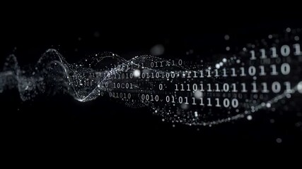 Flowing digital data stream with binary numbers forming wave motion across dark space showing information transfer analytics and modern computing depth - Powered by Adobe