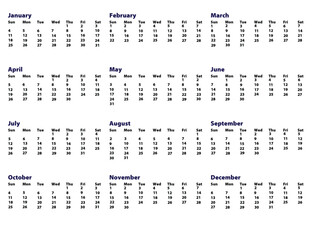 Simple Full Year Annual Calendar Grid with All Months Vector Illustration