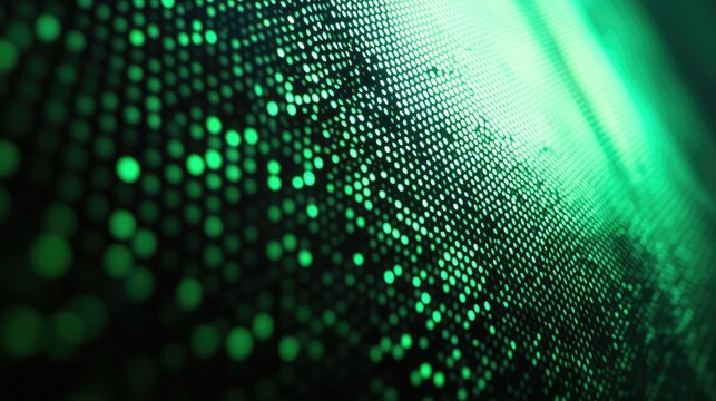 Green illuminated dots creating an abstract digital background, portraying data flow, technological innovation, and network communication with a modern, futuristic aesthetic - Powered by Adobe