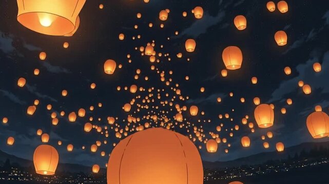 Numerous orange sky lanterns floating in the dark night sky above a distant city skyline image photo . Seamless looping animation video background