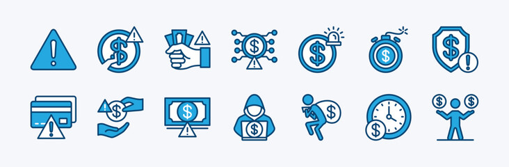 Banking finance risk icon set. Contains bankrupt, hacking, alert information, personal data theft, digital money exclamation mark, deadline sign, credit card warning, security, loan - illustration