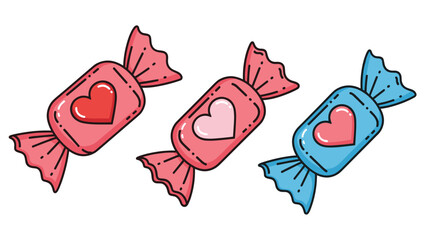 Set of three adorable cartoon candies in pink and blue wrappers, each decorated with a cute heart for a sweet valentine's theme.