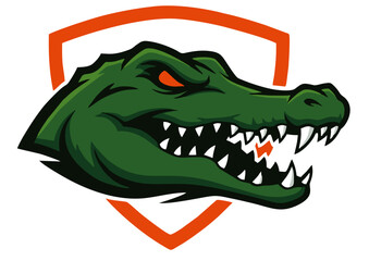 A fierce green alligator with sharp teeth and glowing orange eyes, depicted within an orange shield emblem.