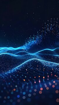 An abstract, digital artwork featuring glowing blue waves with tiny particles and a dark background