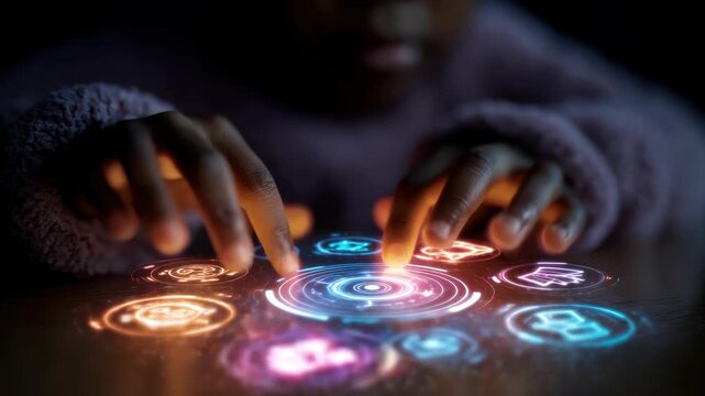Children interact with glowing symbols on a table during playtime at home