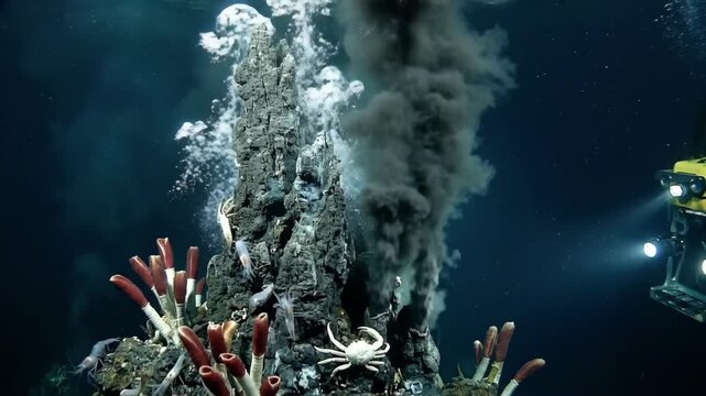Remotely operated vehicle exploring a deep ocean hydrothermal vent, emitting a plume of superheated black smoke, surrounded by crabs and tubeworms thriving in the extreme environment