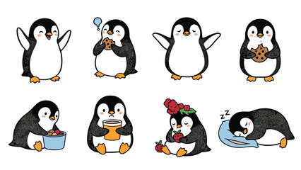 Fototapeta premium Adorable collection of eight cute cartoon penguins in various poses and activities like eating, sleeping, and showing affection.