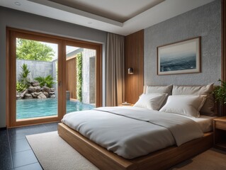 Modern Bedroom front of the room has a wooden balcony and swimming pool. hotel rooms