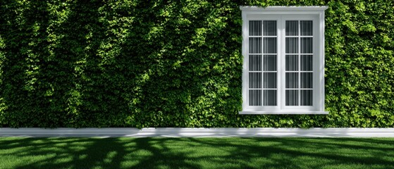 Green wall and White Window, Green Ivy Wall in the garden, Copy space