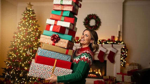 A female adult struggles to balance a towering stack of colorful christmas presents. She smiles with joy and relief, successfully carrying the large pile of holiday gifts
