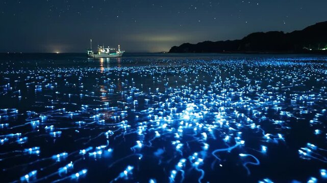Bioluminescent firefly squid illuminate the dark ocean water, forming glowing blue light trails near a fishing boat anchored under a starry night sky with hills in the background