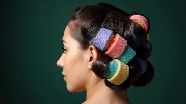 Hair styling with rollers in a studio at a beauty session