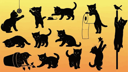 Collection of Black Cat Silhouettes in Various Playful Poses.