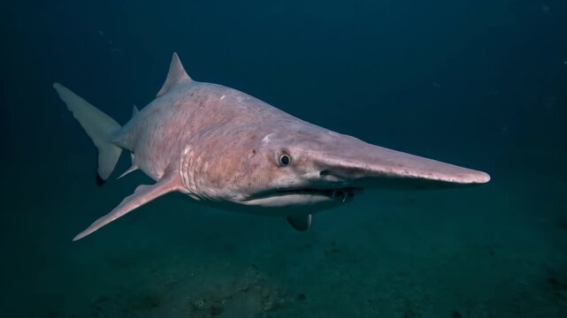 Goblin shark, a rare species of deep sea fish, showing its distinctive elongated snout and sharp, protrusible teeth while navigating the dark ocean depths