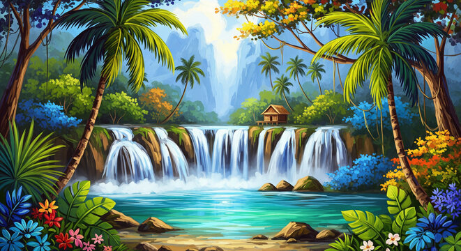 Tropical Waterfall Paradise with Jungle Hut in Vibrant Oil Painting Style, 3D Painting Wallpaper, 3d modern art mural wallpaper, 3d mural wallpaper.	