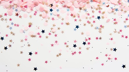 Colorful star and circle confetti border on white background. Festive pink, blue and gold glitter decoration for birthday or holiday. Top view flat lay with copy space