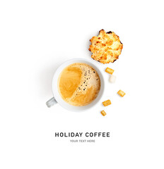 Christmas flat lay with coffee cup, festive homemade coconut macaroon cookie and marshmallows photography isolated on a white background