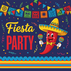 A festive red chili pepper cartoon character with a sombrero and maracas celebrating a lively fiesta party