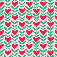 Hand drawn Red hearts on green vines and leaves seamless pattern on white background . for valentine&rsquo;s day print , wrapping paper,  fabric and greeting cards,