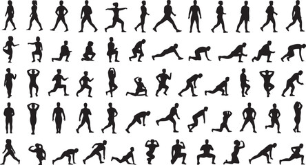  Human Silhouette Set — Fitness, Exercise, Workout Physical Activities — Solid Black People Icons for Health UI Design, Sports Branding, Mobile Apps, and Infographics — Editable Vector Template