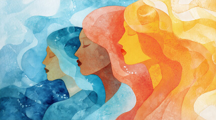 Watercolor illustration of three women in profile, showcasing diverse hair colors and flowing lines